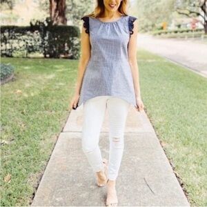 Cabi Olivia Flutter Sleeve Seersucker Navy White Stripe Asymmetrical Top Shirt